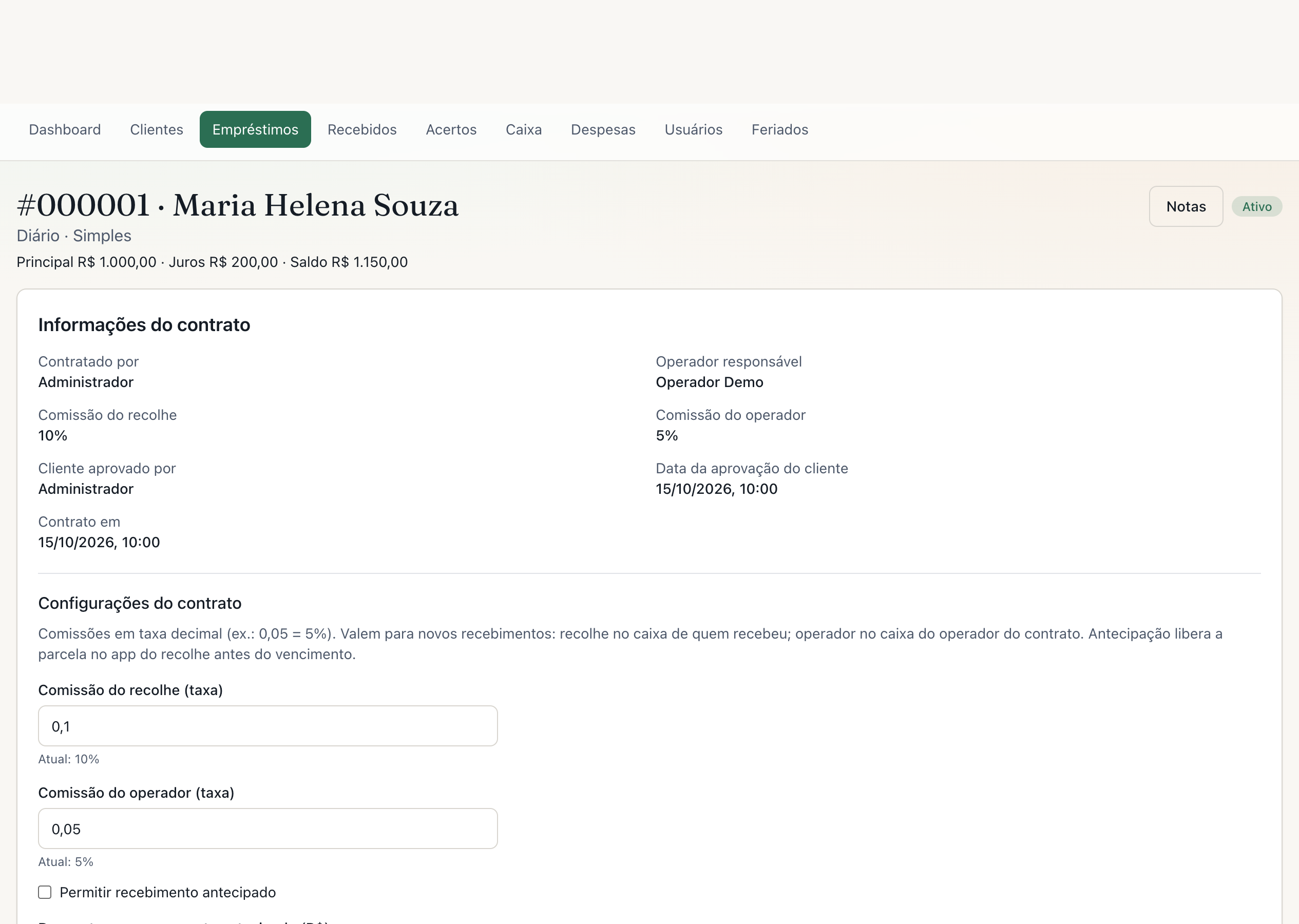 Ficha do contrato diário com comissões do recolhe e do operador