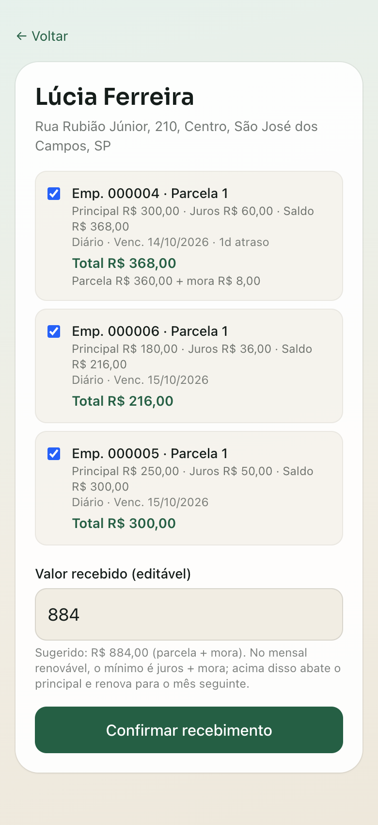 Recebimento de três parcelas no app do recolhe, uma delas com um dia de atraso e mora