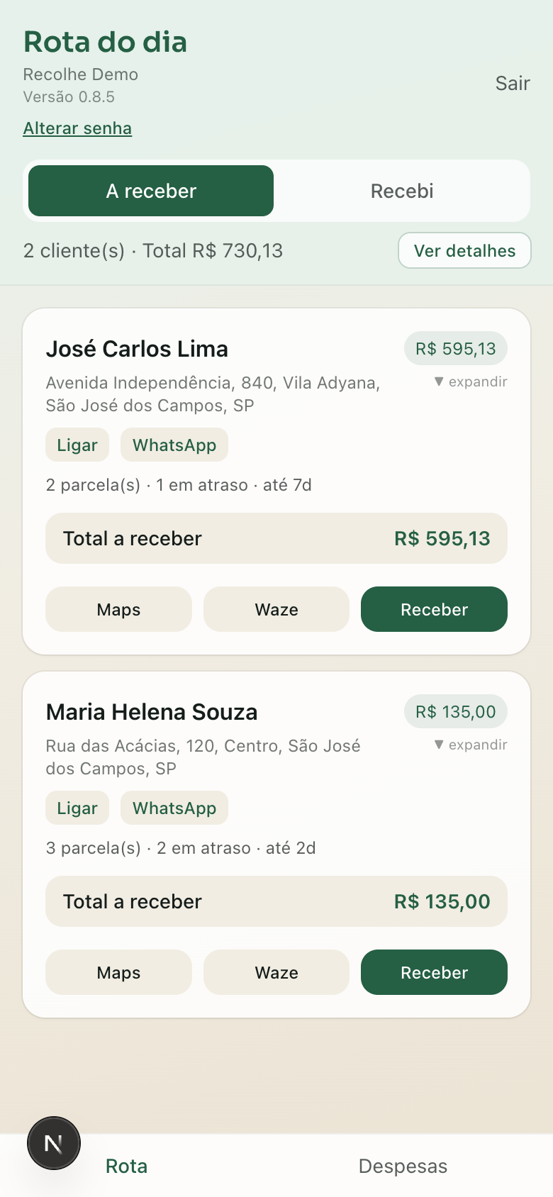 Rota do dia no celular do recolhe, com ligação, WhatsApp, mapa e recebimento